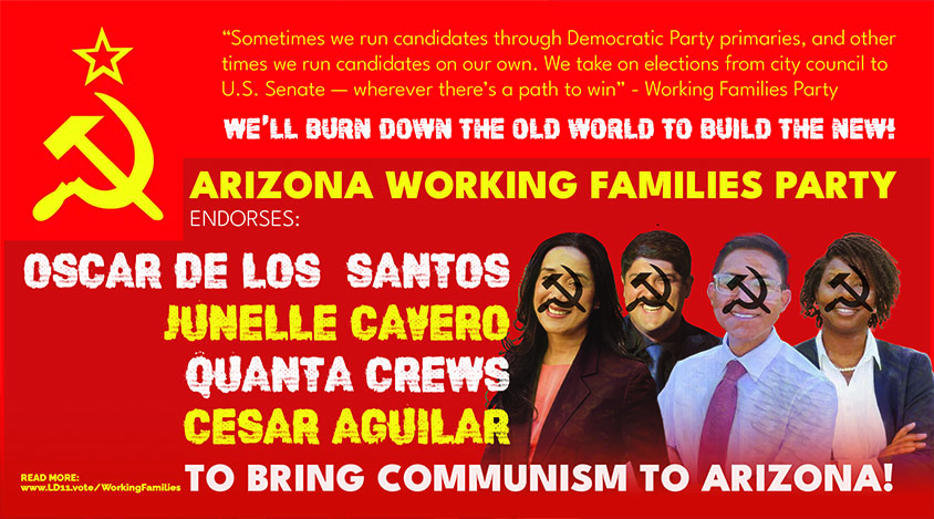 Graphic of the Working Families Party's endorsement for Junelle Cavero and Oscar De Los Santos, criticized by the GOP for their communist ties